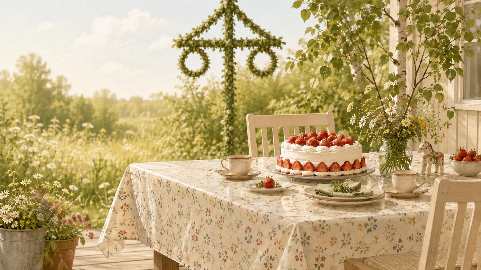 Midsommarbord med jordgubbstårta på blommig vaxduk i svensk sommarmiljö.